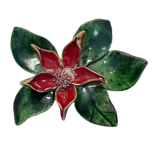 Vintage Porcelain Poinsettia Brooch Hand-Painted Red Green Floral Holiday Pin - Picture 2 of 4